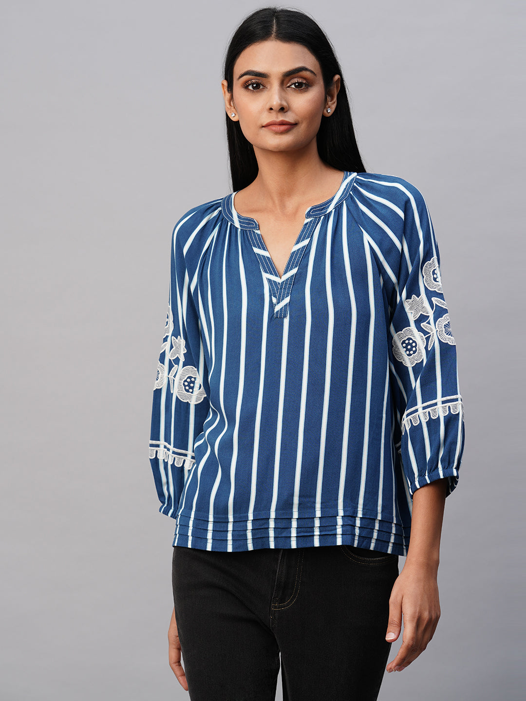Printed Stripes Viscose Tunic Top W/ Embroidered Sleeves