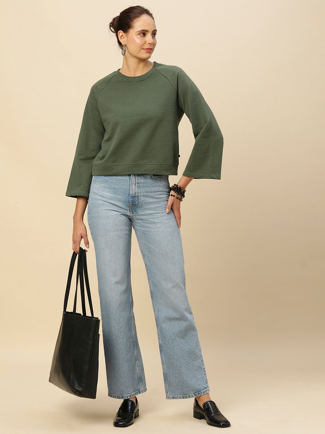 FLEECE RAGLAN FLARED SLEEVE CROPPED SWEATSHIRT