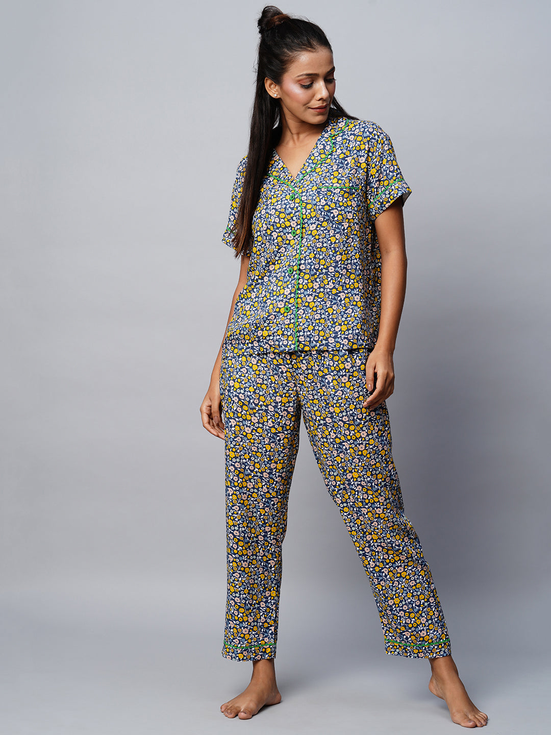 Printed Viscose Printed Pj Set W/ Ric Rac Detailing