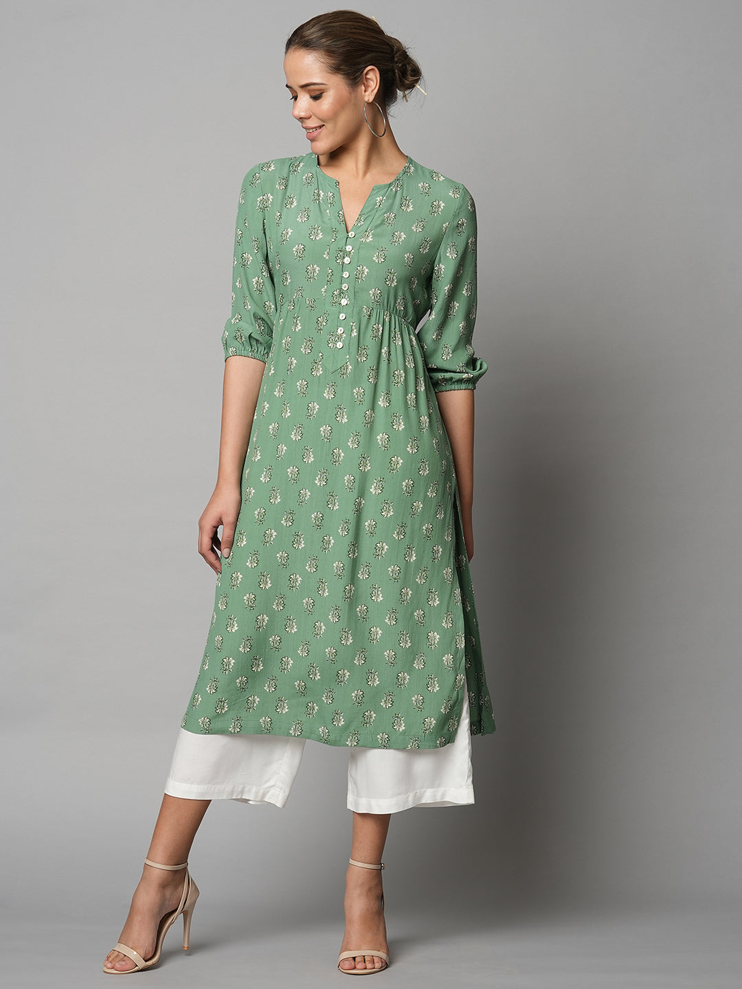 Butti Printed Viscose Crepe Basque Style Kurta & Wide Leg Pj Set