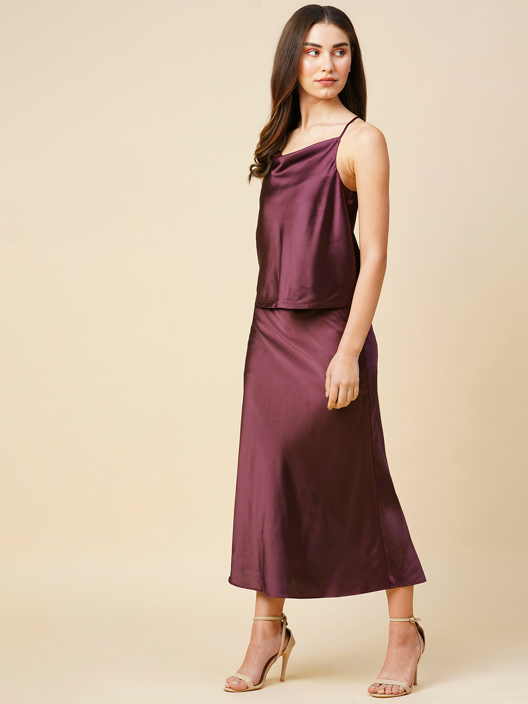 Satin Lycra Cowl Neck Strappy Top & Bias Skirt Co-Ord Set