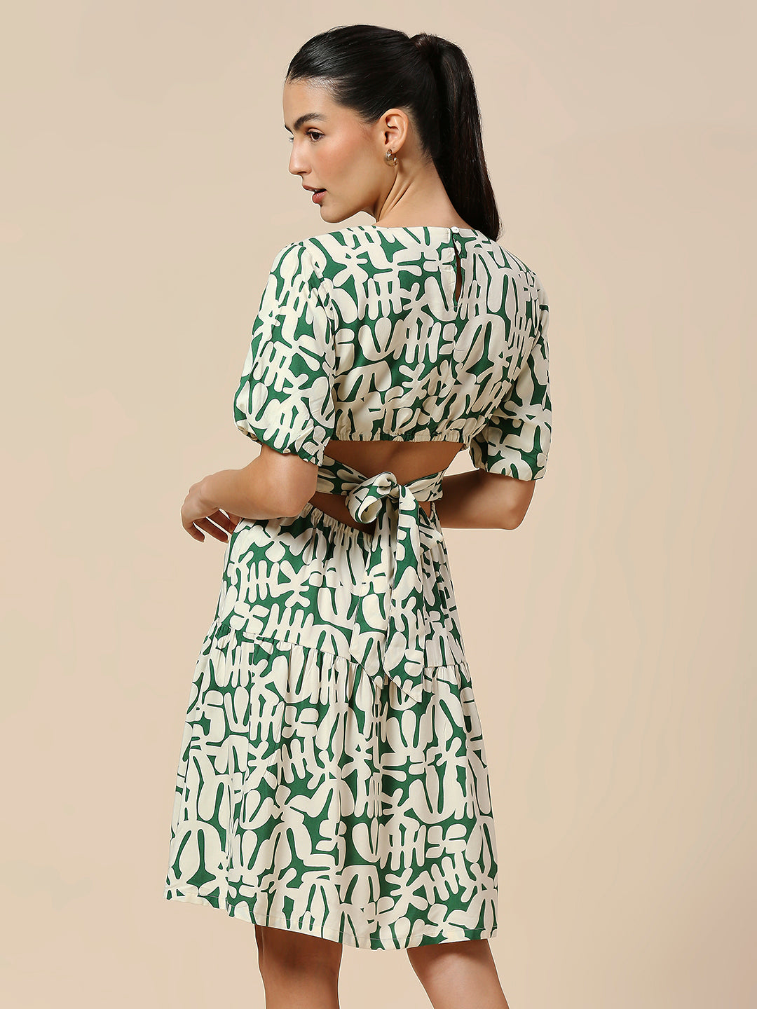OVERBLOWN CACTUS PRINTED MODAL CUT OUT BACK WAISTED DRESS