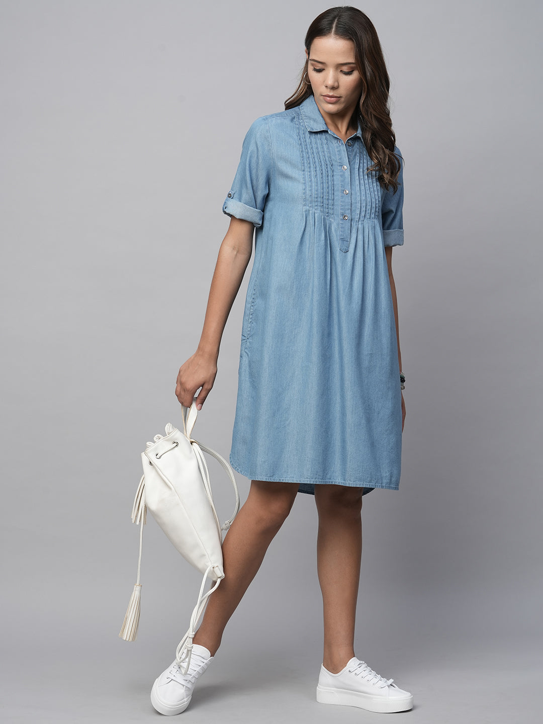 Pleated Yoke Cotton Tencel Denim Pop Over Shirt Dress