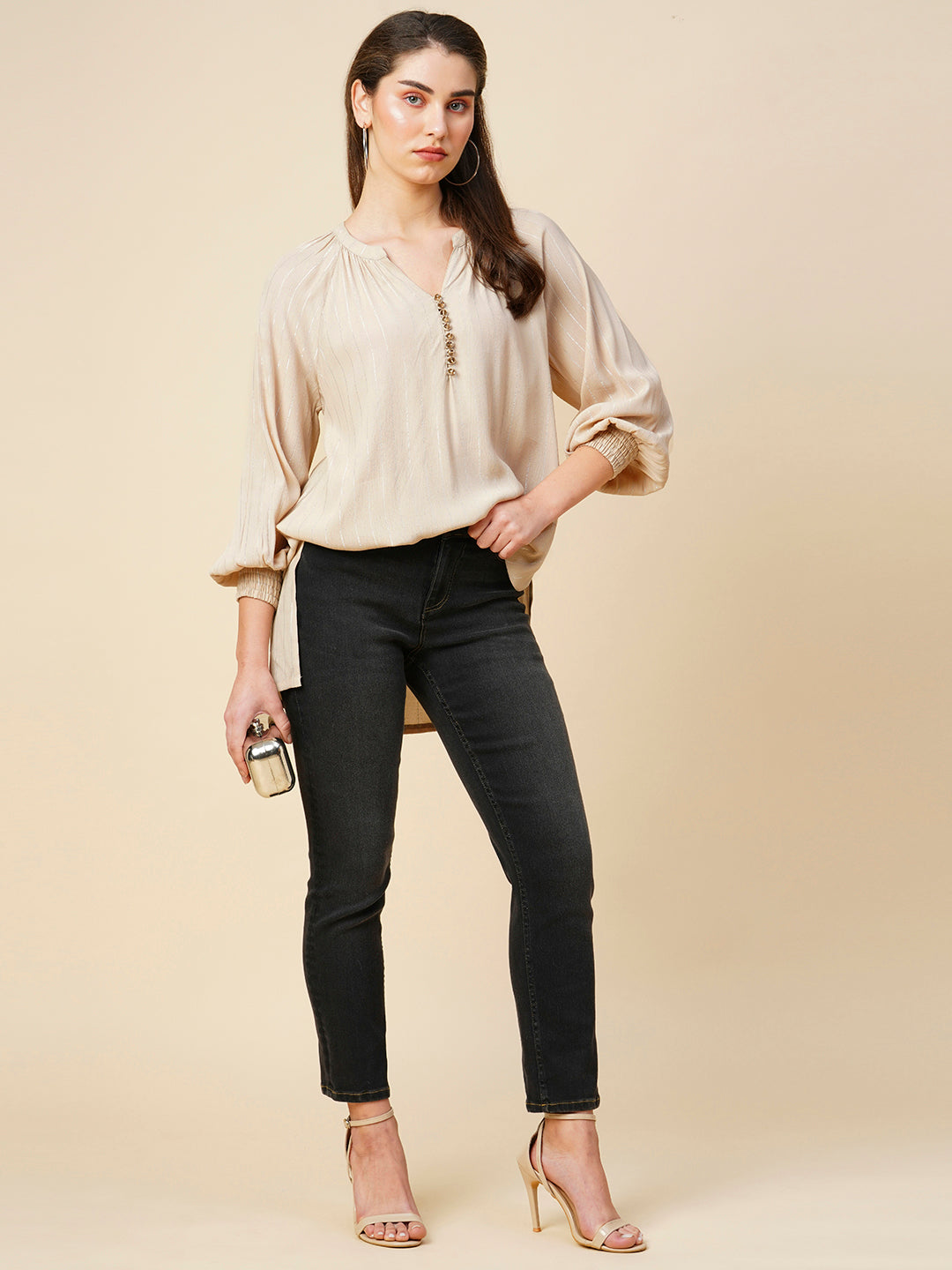 Viscose Crepe W/ Lurex Raglan Kurta With Crystal Buttons