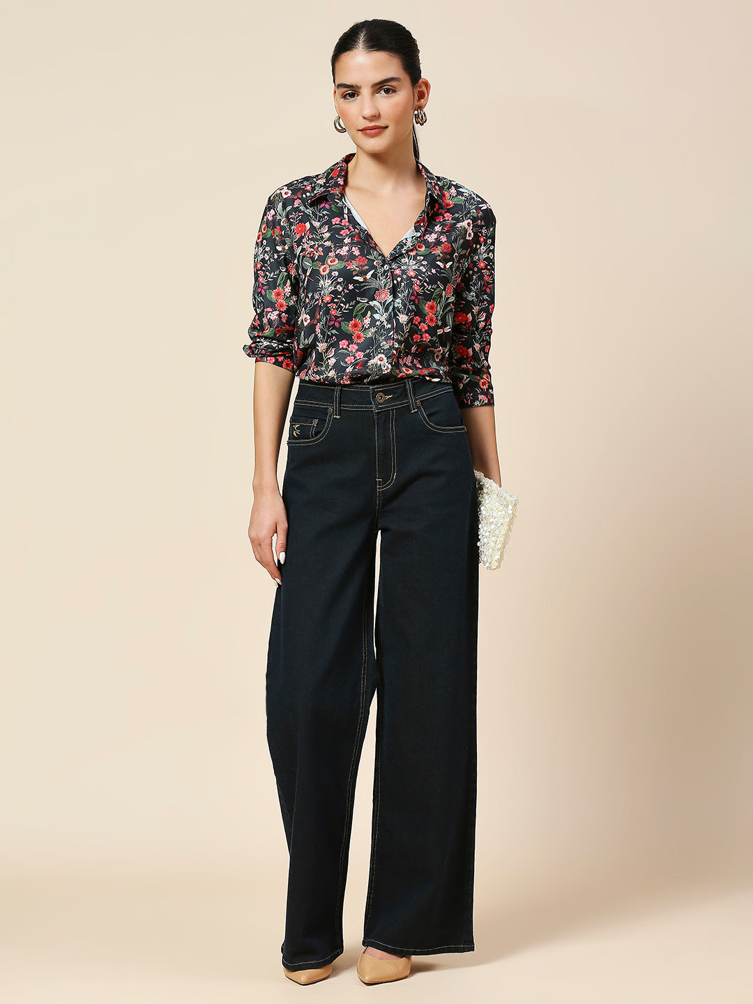 FLORAL PRINTED SATIN DRESS-UP SHIRT