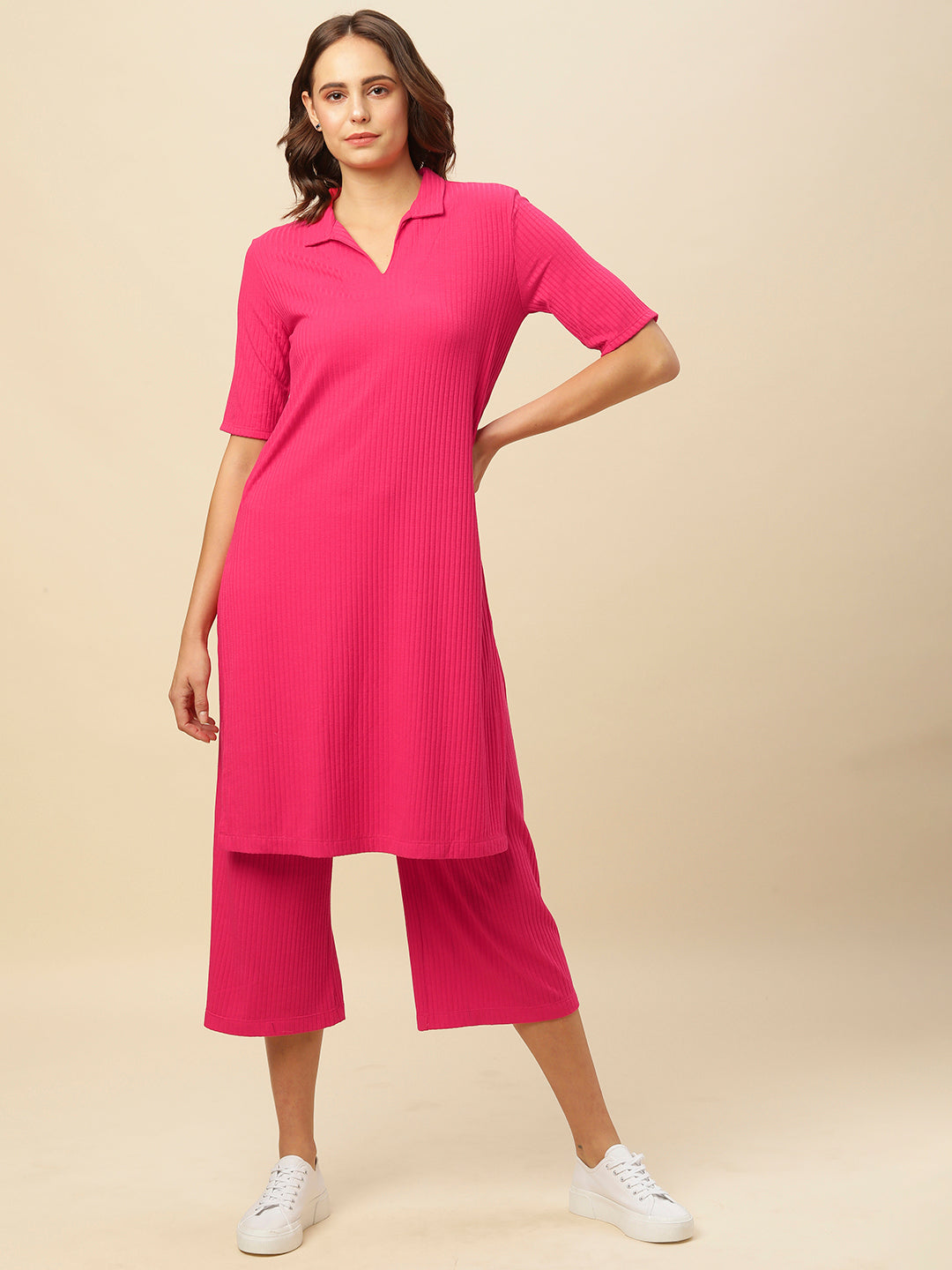 Head To Toe Ribbed Knit Longline Tee And Wide Leg "Airport Look Co-Ord Set"