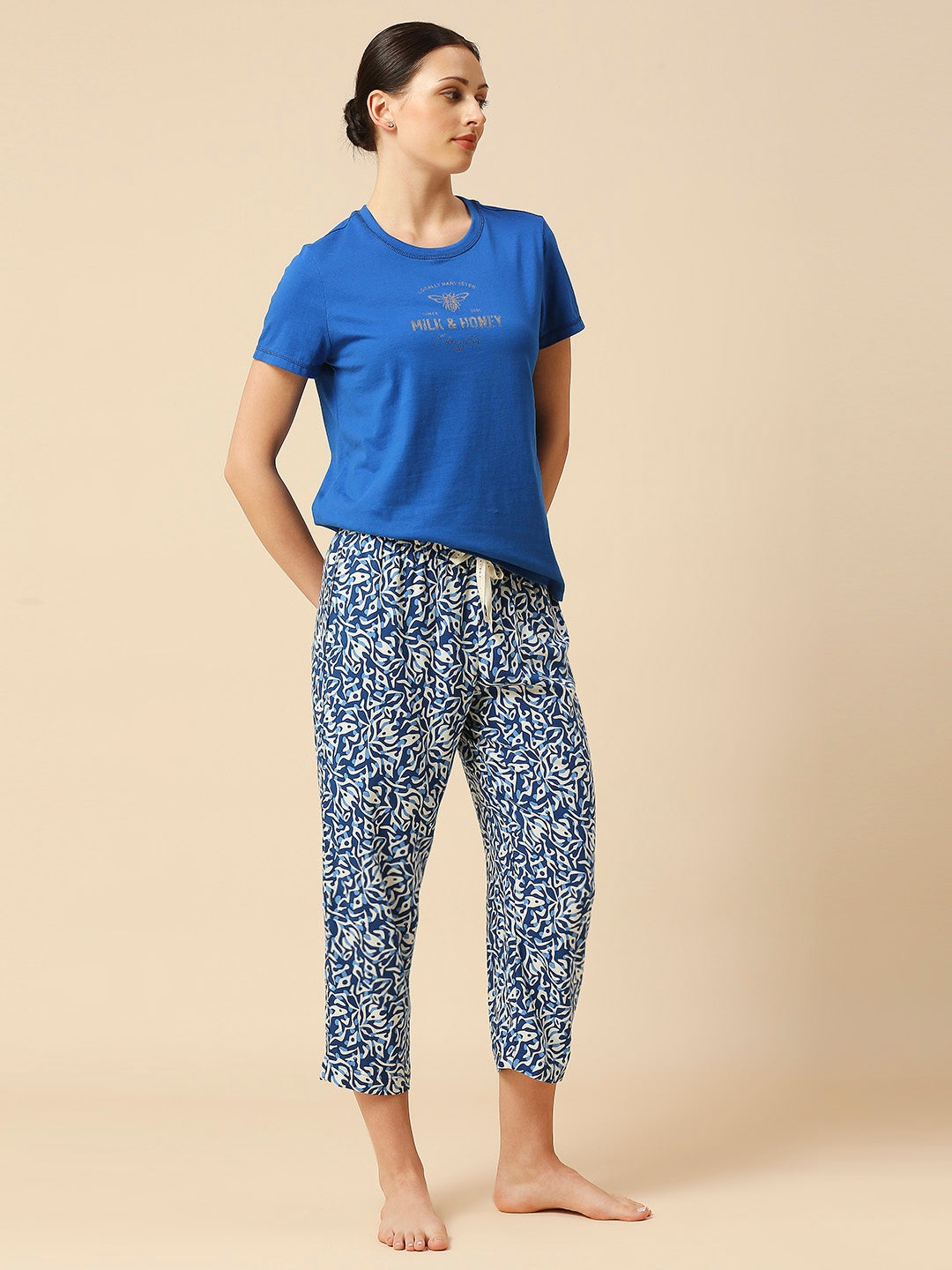 COTTON TEE & PRINTED VISCOSE PJ'S NIGHTSUIT SET