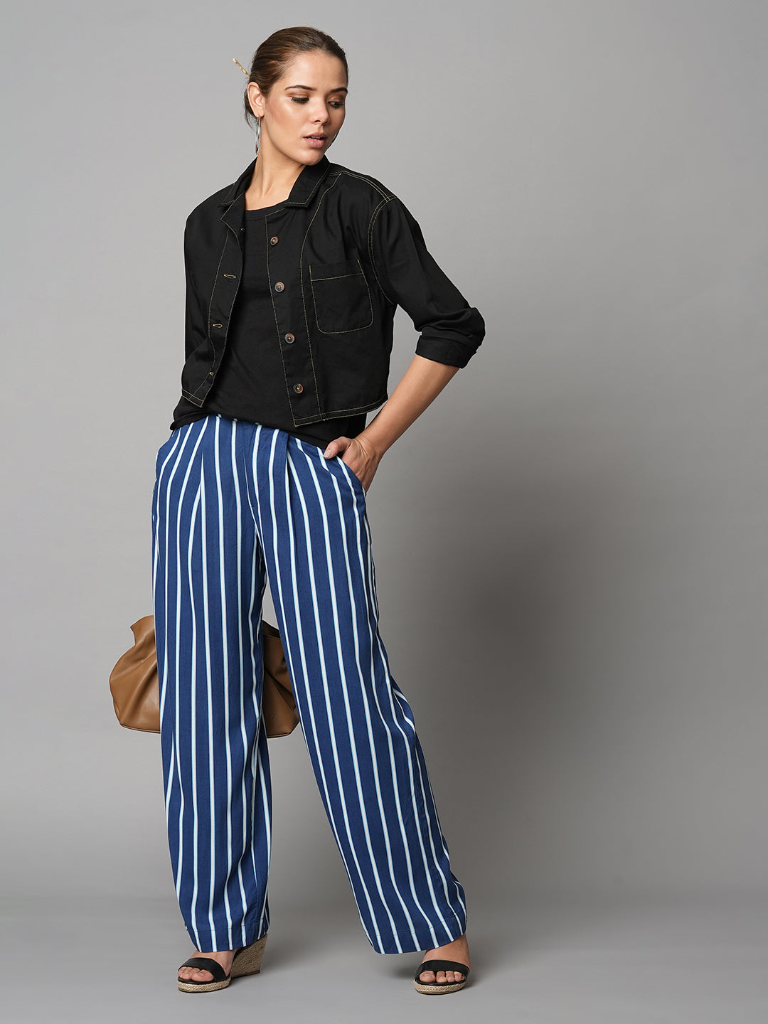Rayon Striped Pleated Straight Leg Fluid Trousers