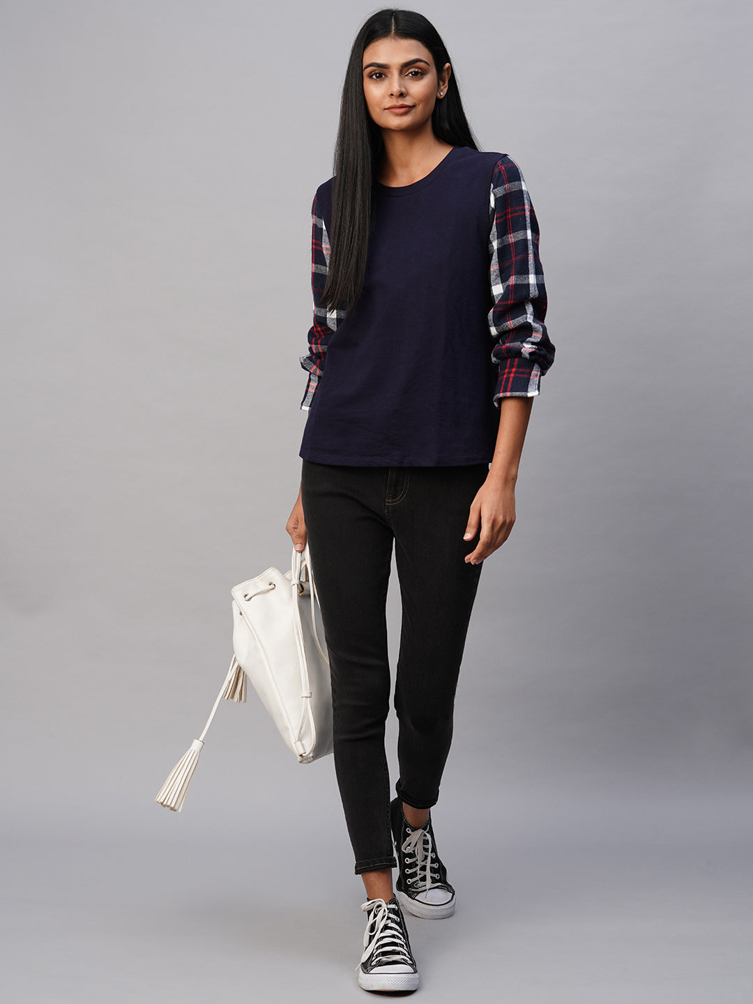 French Terry Sweatshirt With Brushed Plaid Cuffed Sleeves