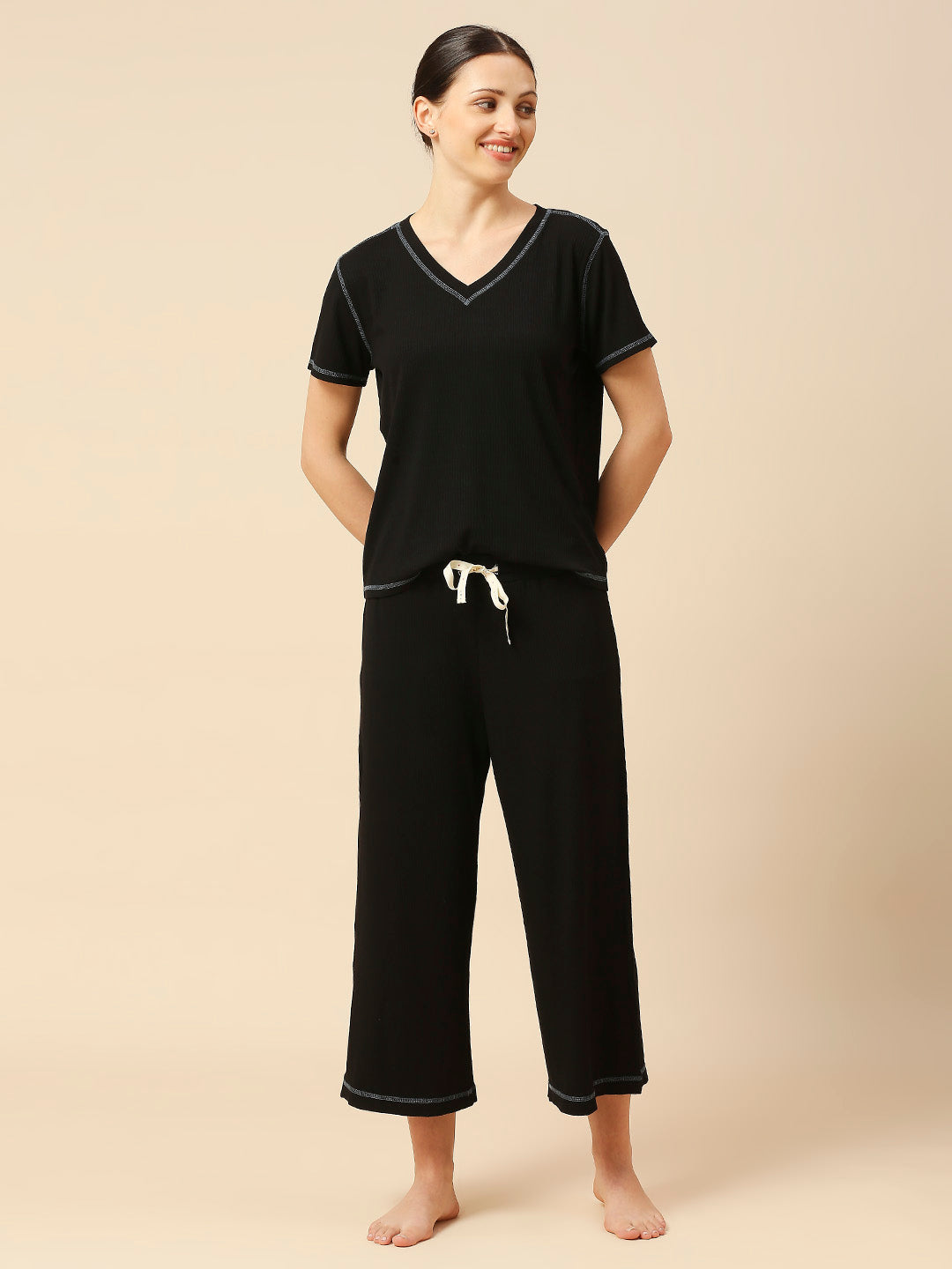 VISCOSE LYCRA RIBBED TEE & CROPPED WIDE LEG PJ SET