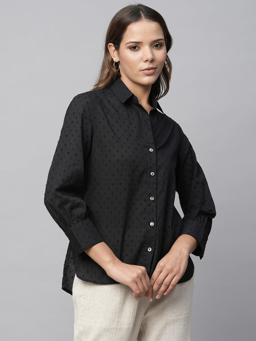 Cotton Swiss Dot Dobby Essential Black Shirt