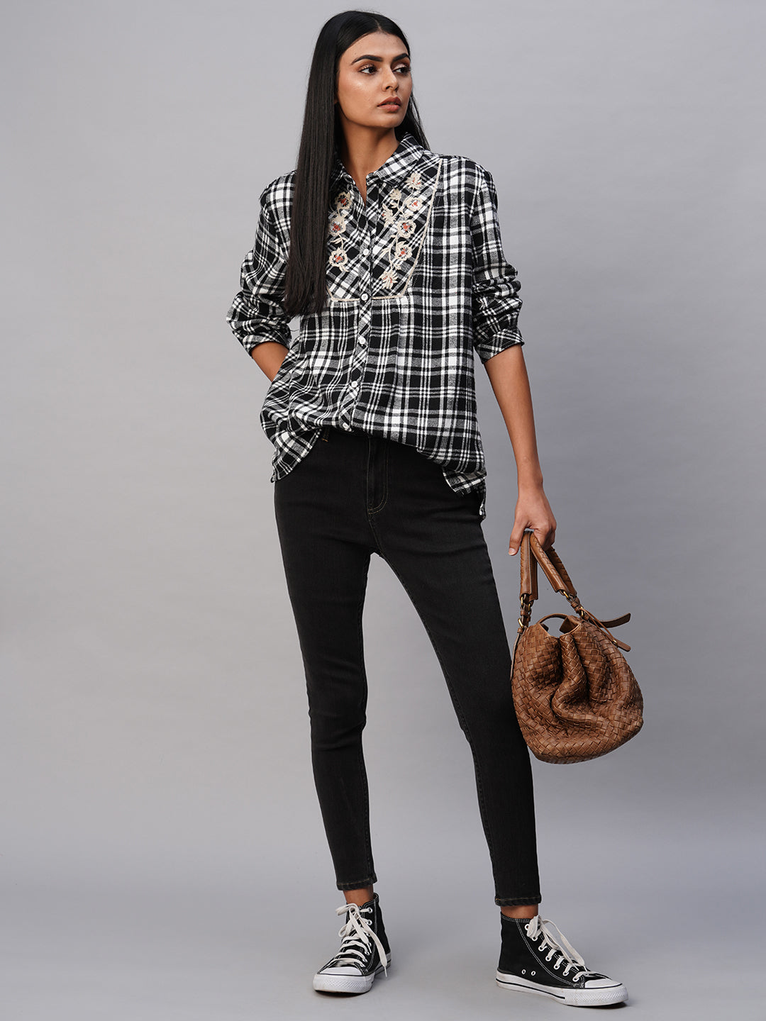 Embroidered Yoke Brushed Flannel Plaid Longline Shirt