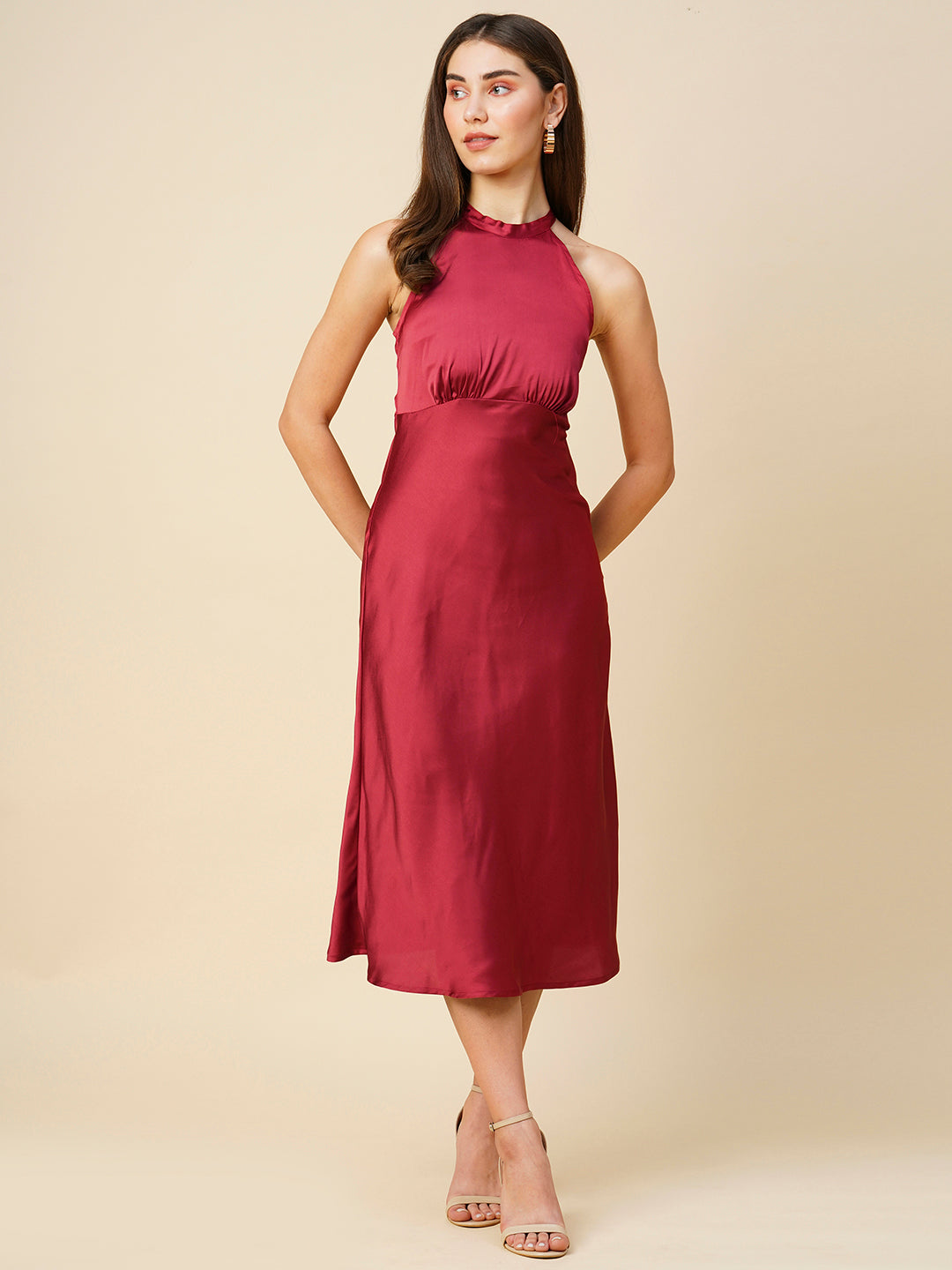 Rio Red Satin Incut Bais Cut Dress