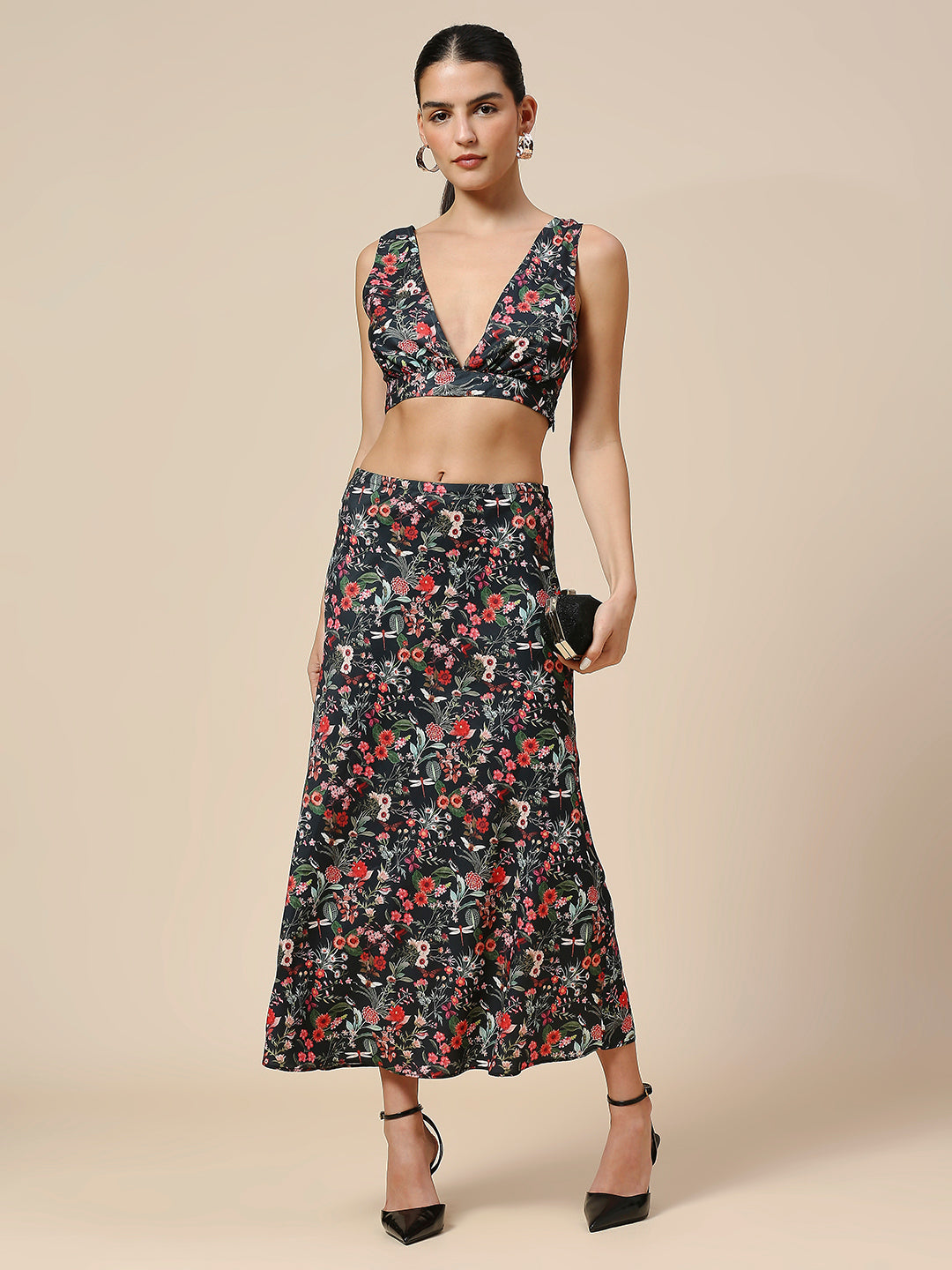 FLORAL PRINTED SATIN BIAS CUT SKIRT