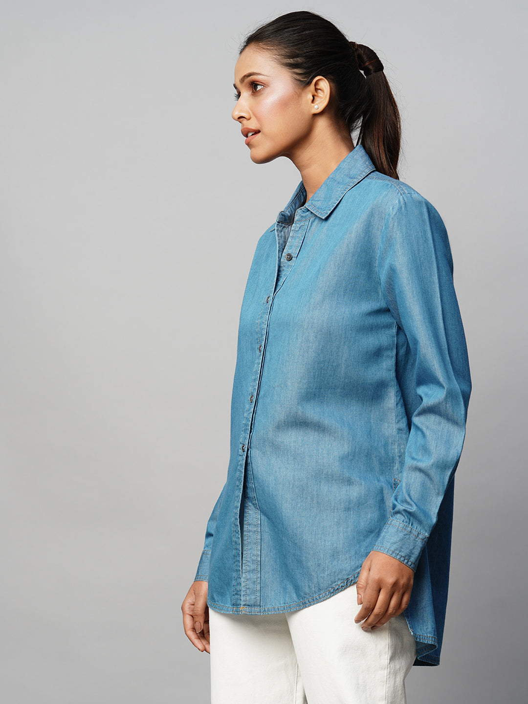 Cotton Tencel Denim Grandad Shirt W/ A High Low Hemline