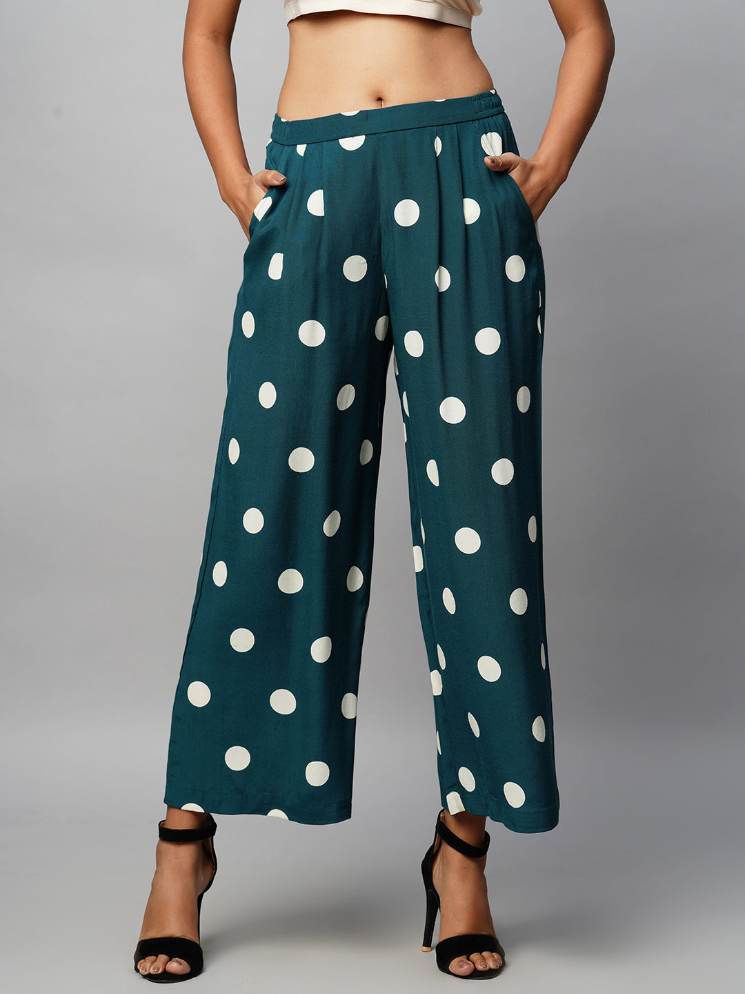 Polka Dot Viscose Crepe Pleated Pull On Trouser