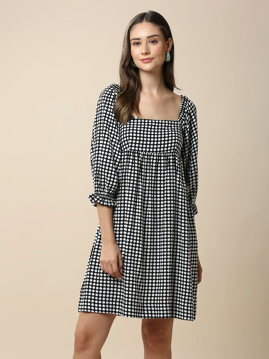 TIC TAC DOT PRINTED VISCOSE SMOCKED DRESS