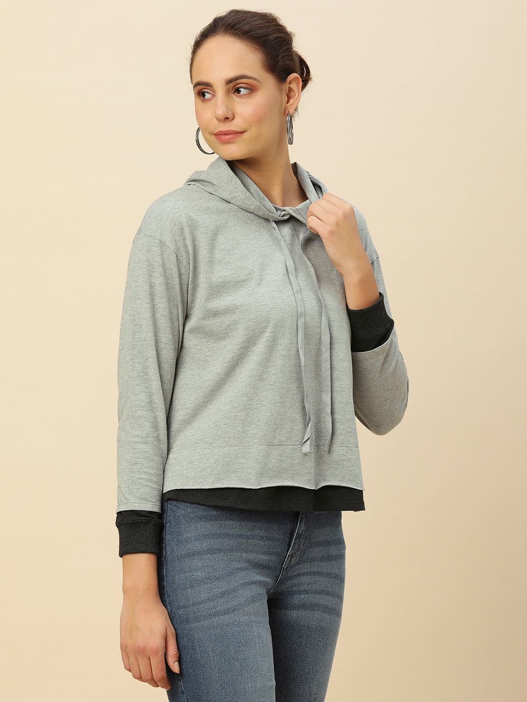GREY MELANGE COLOR BLOCKED  JERSEY HOODIE