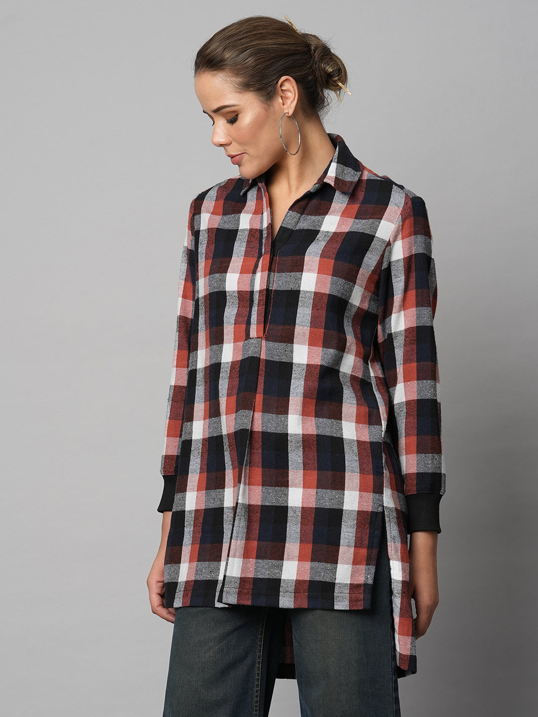 Brushed Flannel Pop Over Longline Shirt With Ribbed Cuffs