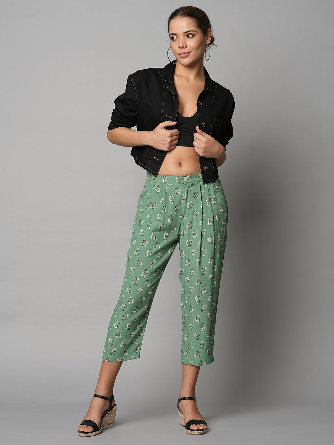 Viscose Crepe Butti Printed Pleated Cropped Pants