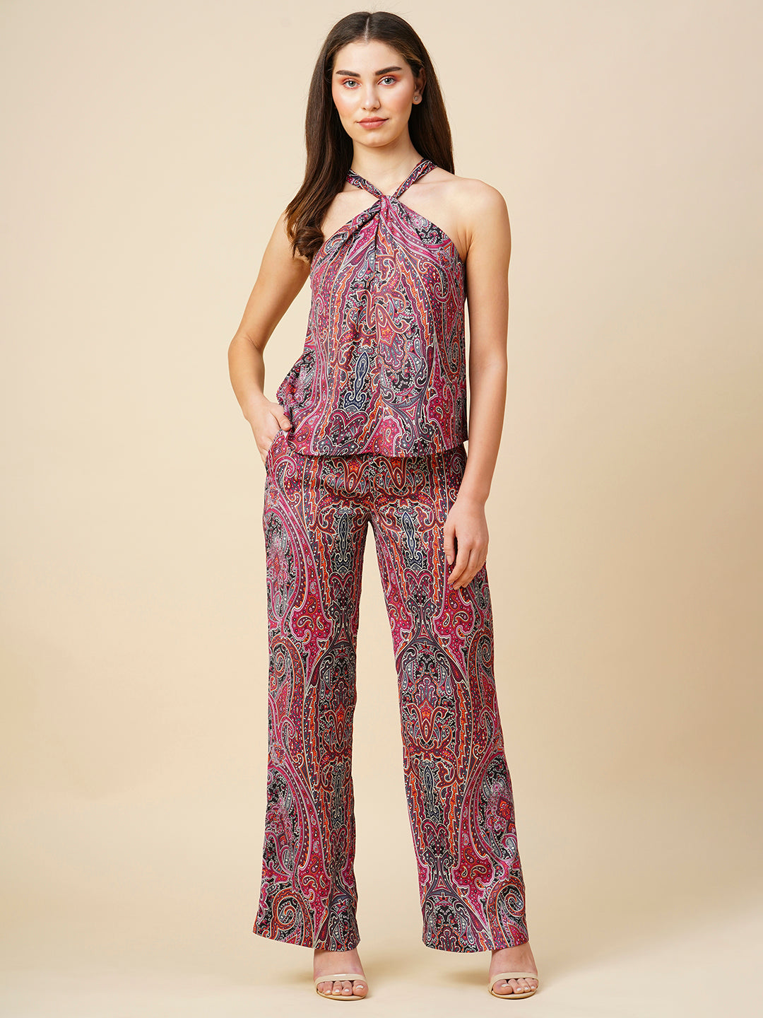Paisley Printed Satin Halter Top & Wide Leg Co-Ord Set