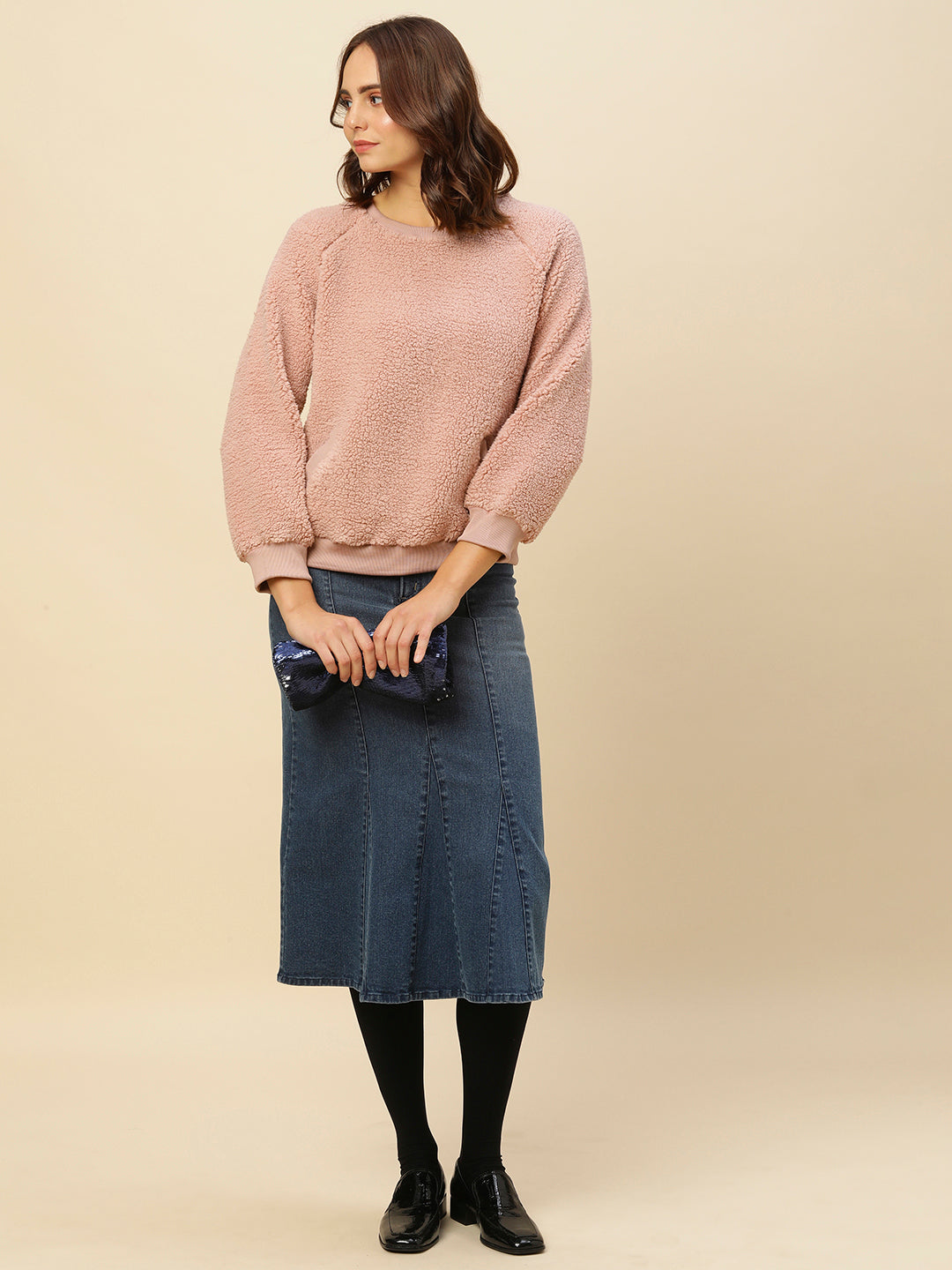 Raglan Sleeve Sherpa Sweatshirt With Ribbed Detailing