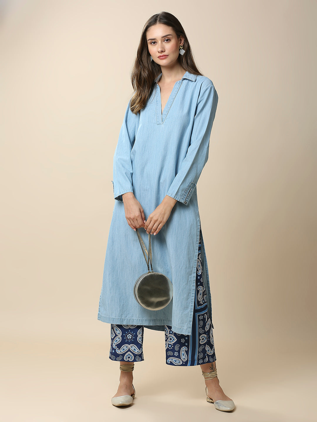 ICE WASH DENIM LONGLINE TUNIC &  PRINTED SATIN WIDE LEG PJ SET