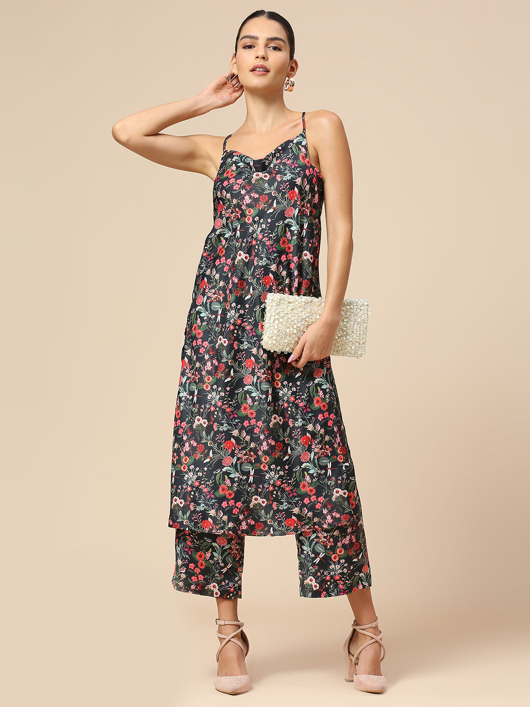 FLORAL PRINTED SATIN COWL NECK SPAGHETTI STRAP KURTA & CROPPED WIDE LEG PJ SET