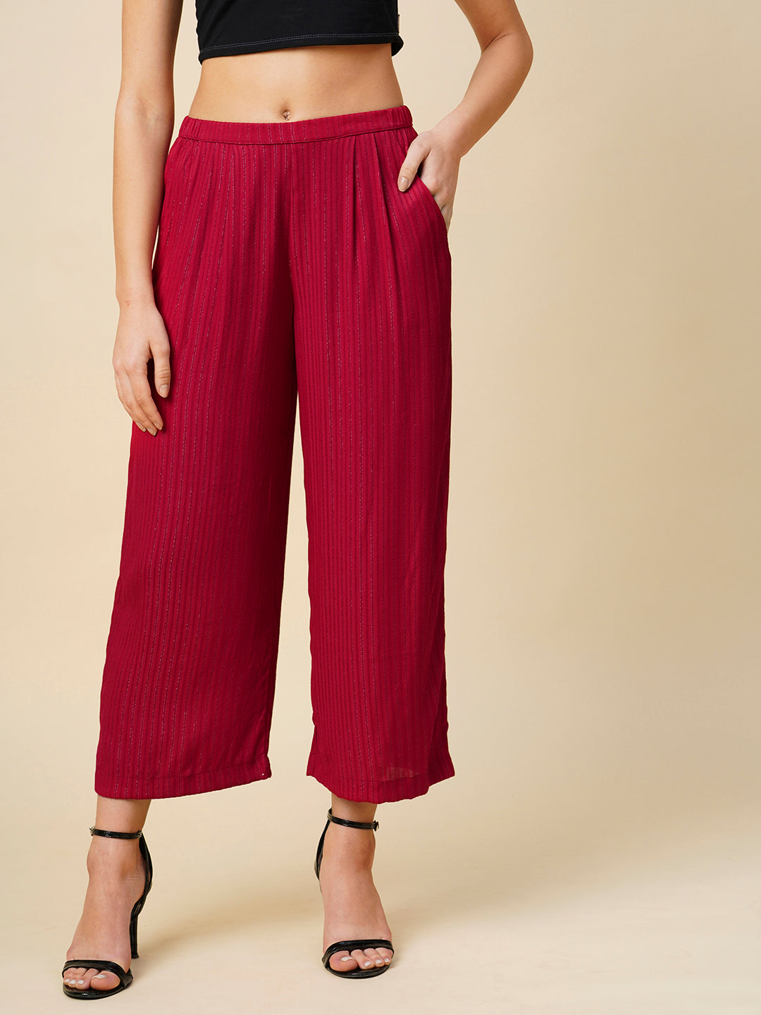 Viscose Crepe Striped Lurex Slip On Cropped Cullotes