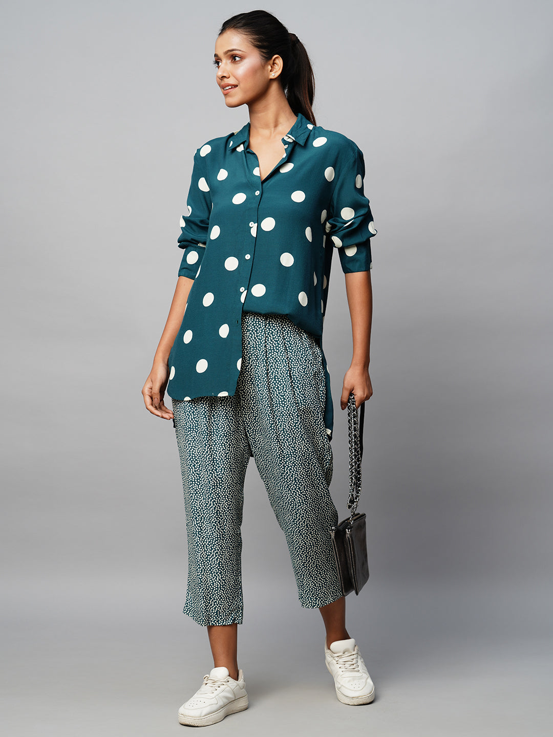 Mix Dot Viscose Crepe Longline Shirt & Pleated Pant Set