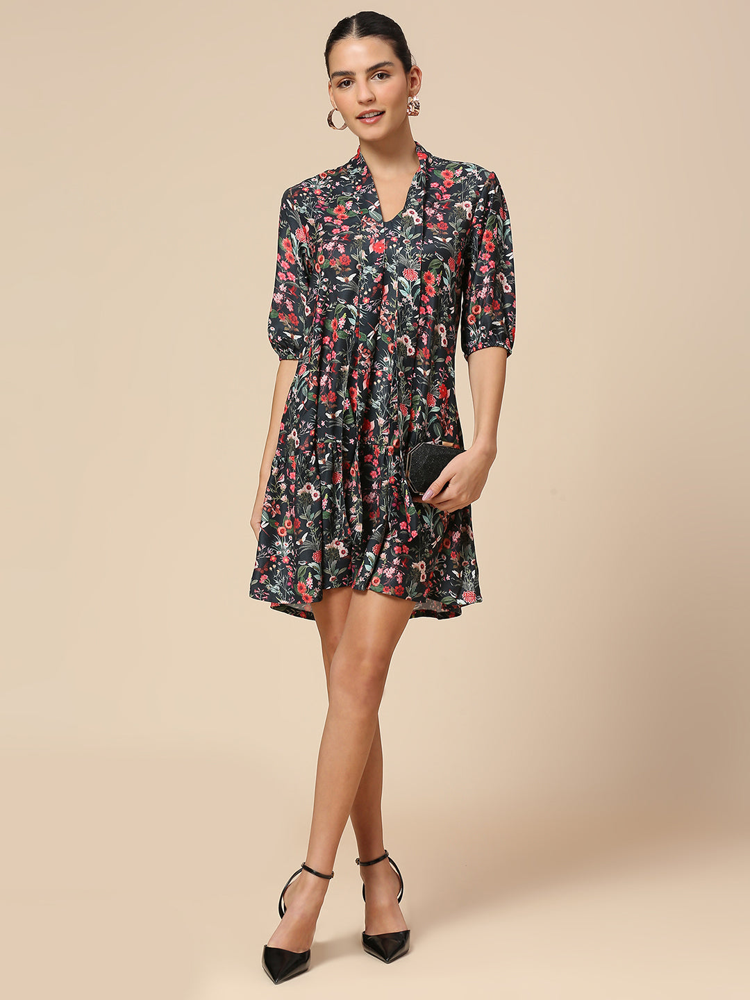 FLORAL PRINTED SATIN TIE - NECK TIERED SWING DRESS
