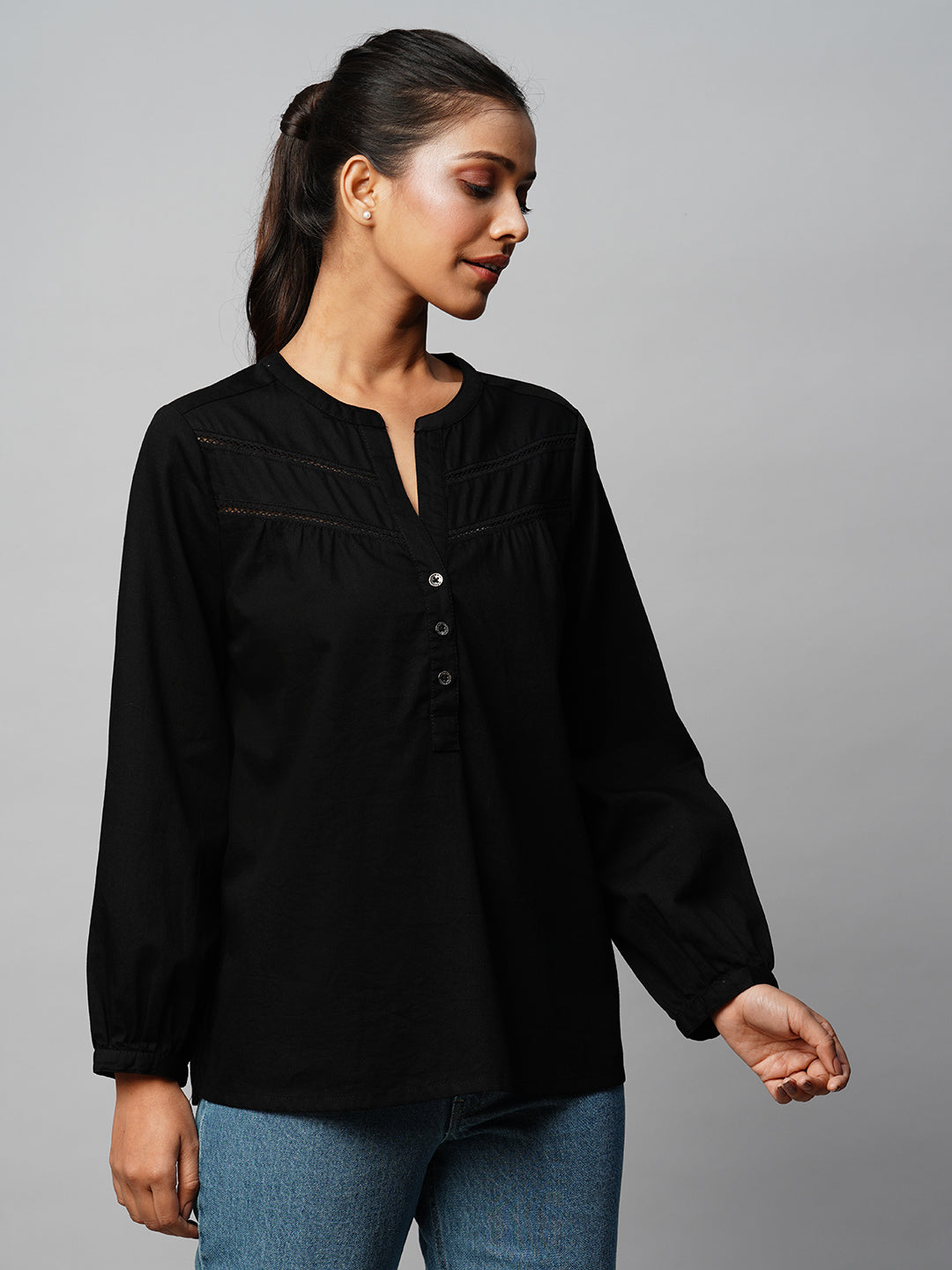 Black Denim Top With Lace Insert Yoke Detailing