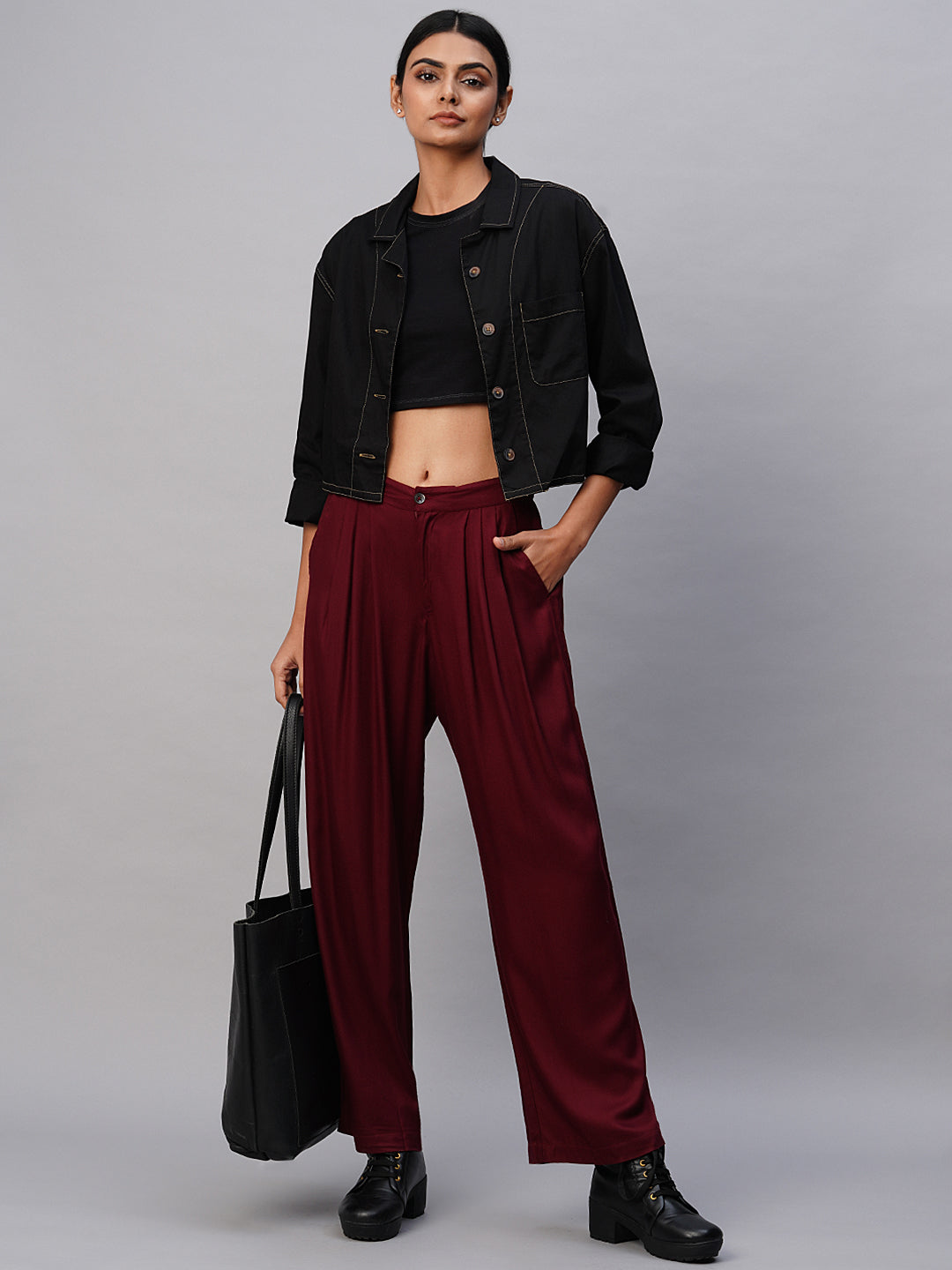 Viscose Twill Pleated Straight Leg Fluid Trousers