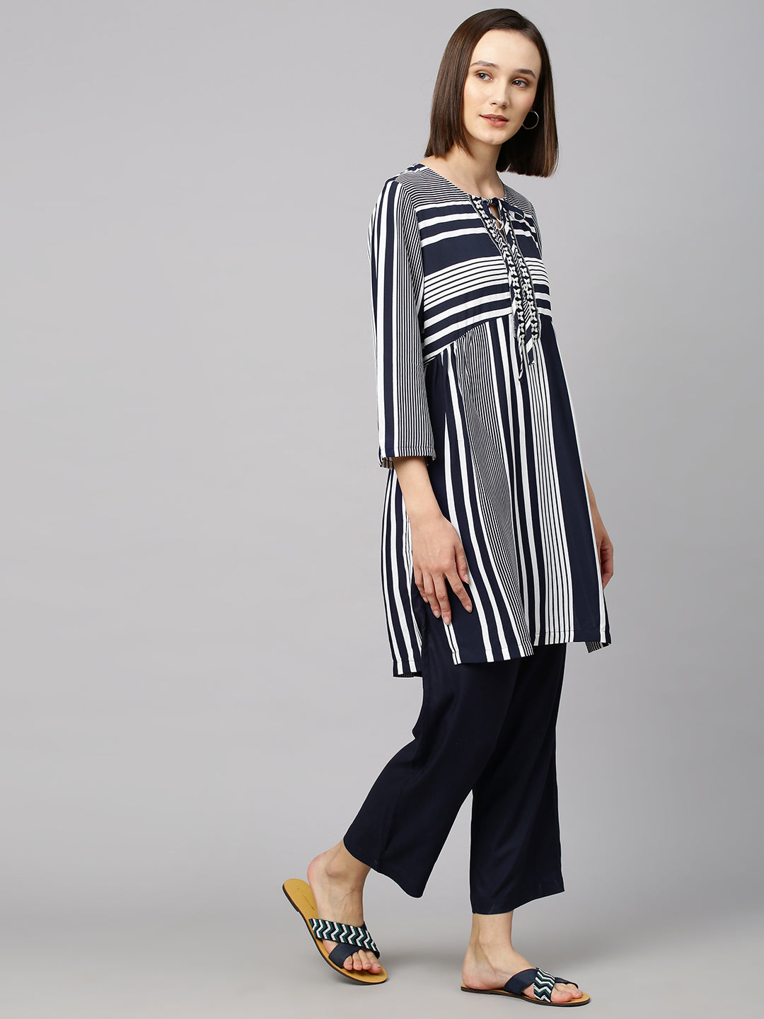 Embroided Stiped Viscose Crepe Kurta Set