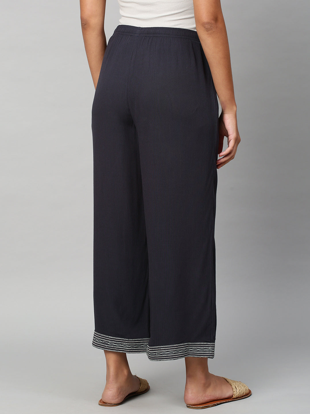 Crinkle Rayon Wide Leg Embroidered Trouser