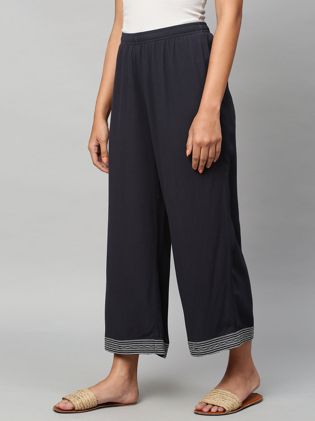 Crinkle Rayon Wide Leg Embroidered Trouser