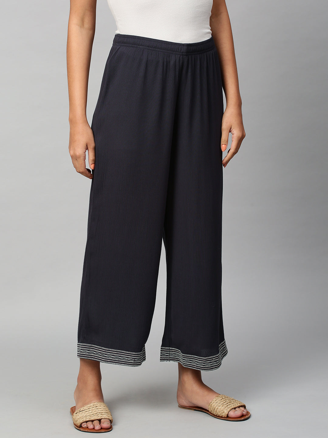 Crinkle Rayon Wide Leg Embroidered Trouser