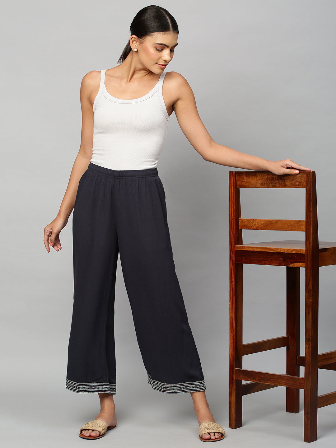 Crinkle Rayon Wide Leg Embroidered Trouser