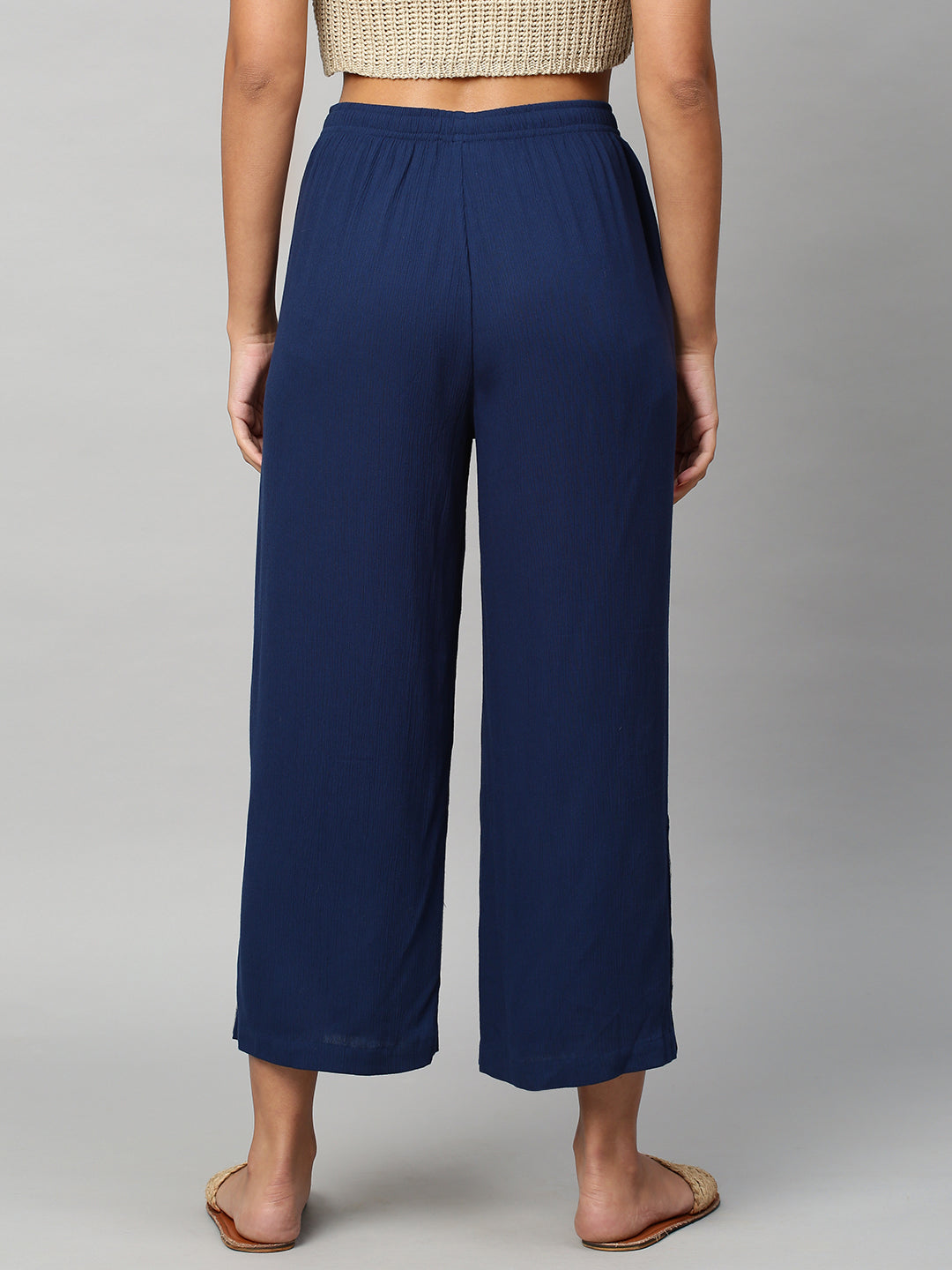 Crinkle Rayon Wide Leg Embroidered Trouser