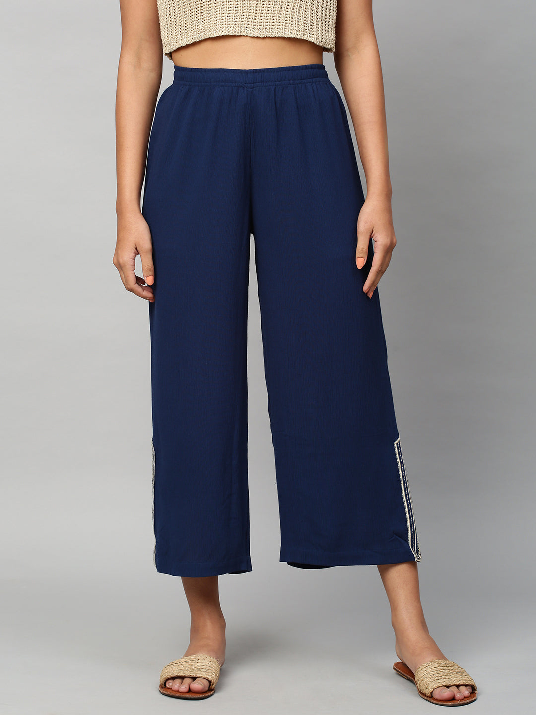 Crinkle Rayon Wide Leg Embroidered Trouser