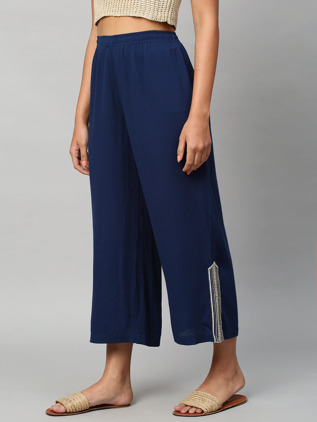Crinkle Rayon Wide Leg Embroidered Trouser