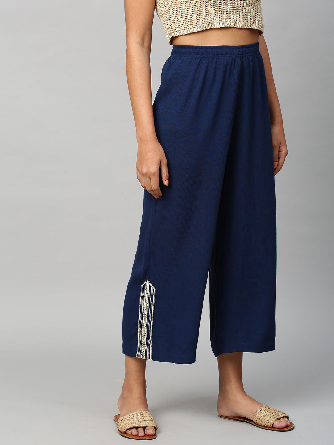 Crinkle Rayon Wide Leg Embroidered Trouser