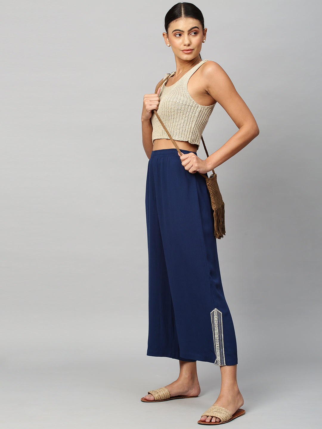 Crinkle Rayon Wide Leg Embroidered Trouser