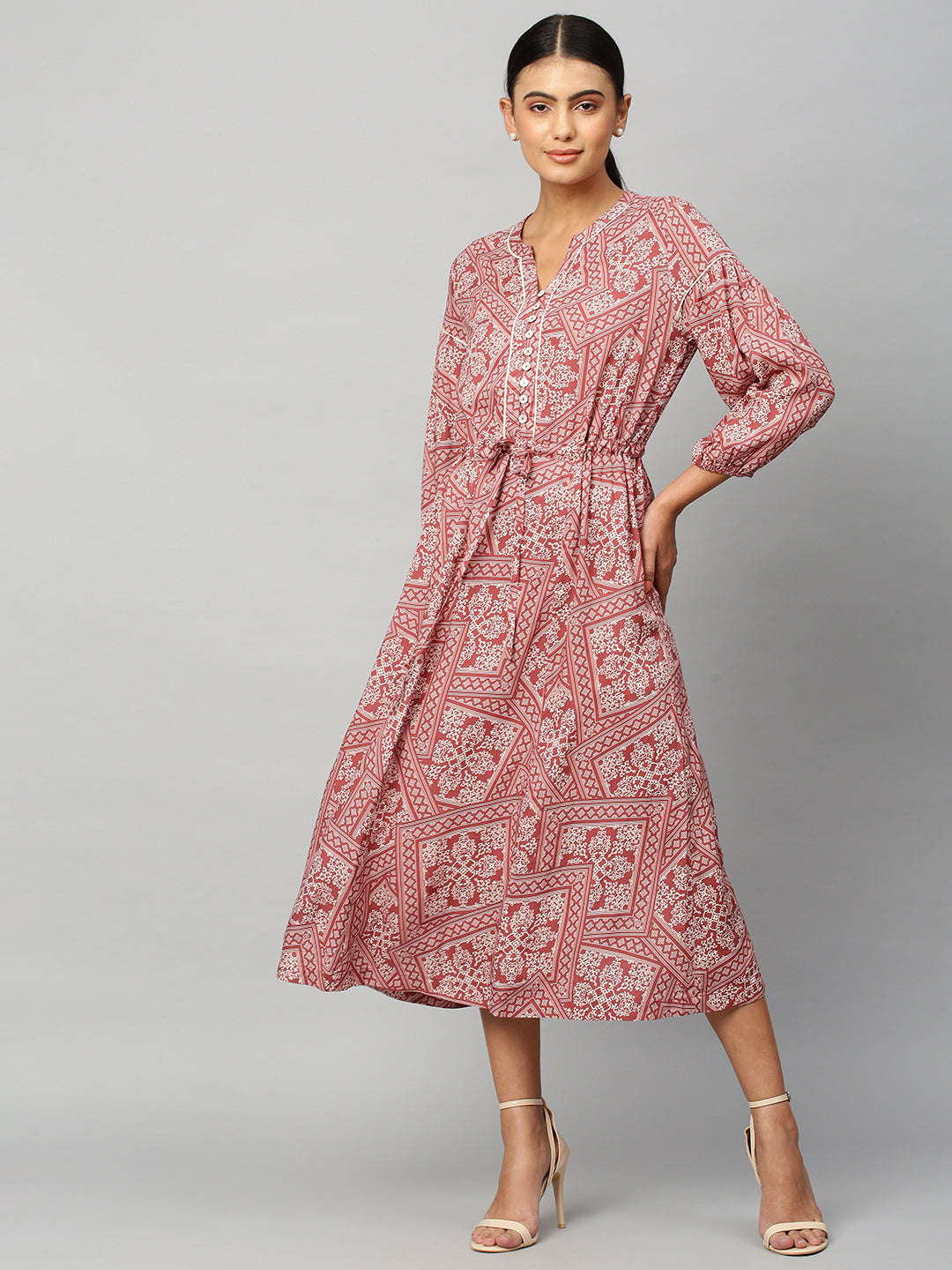 Printed Rayon Synched Waist Pop Over Shirt Dress