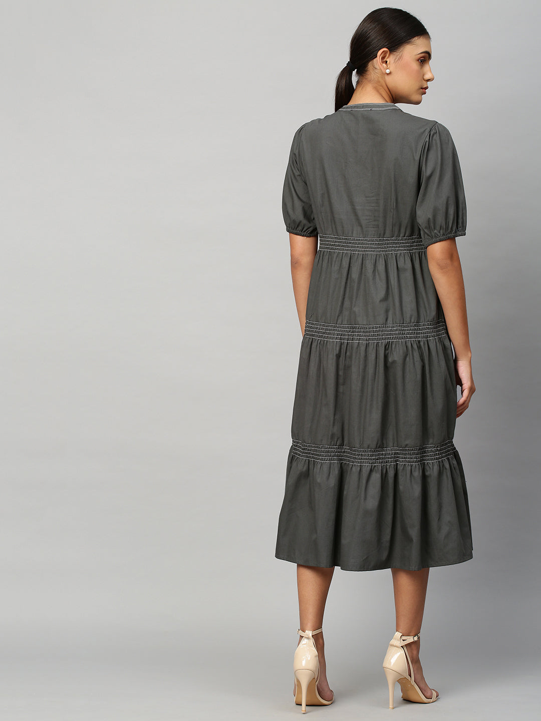 Cotton Poplin Embroidered Yoke Tiered Dress