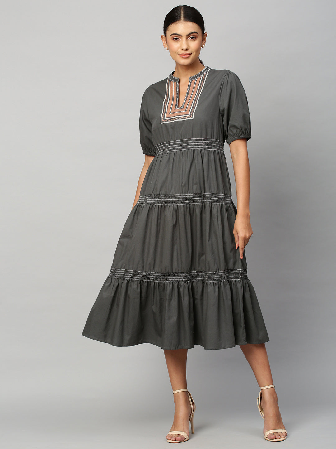 Cotton Poplin Embroidered Yoke Tiered Dress