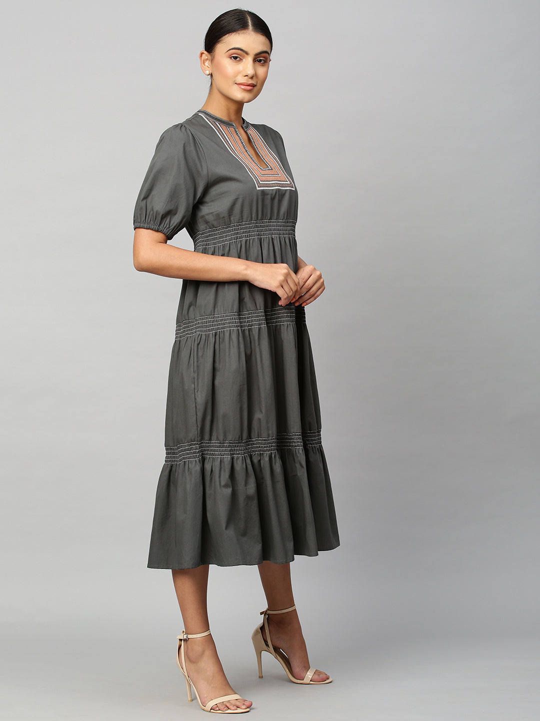Cotton Poplin Embroidered Yoke Tiered Dress