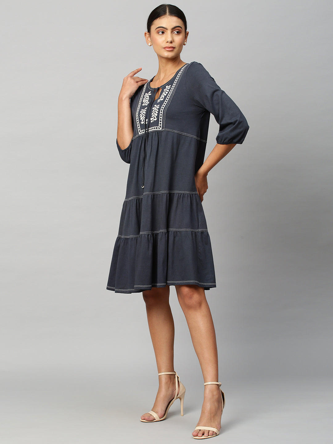 Embroidered Jersey Tiered Dress