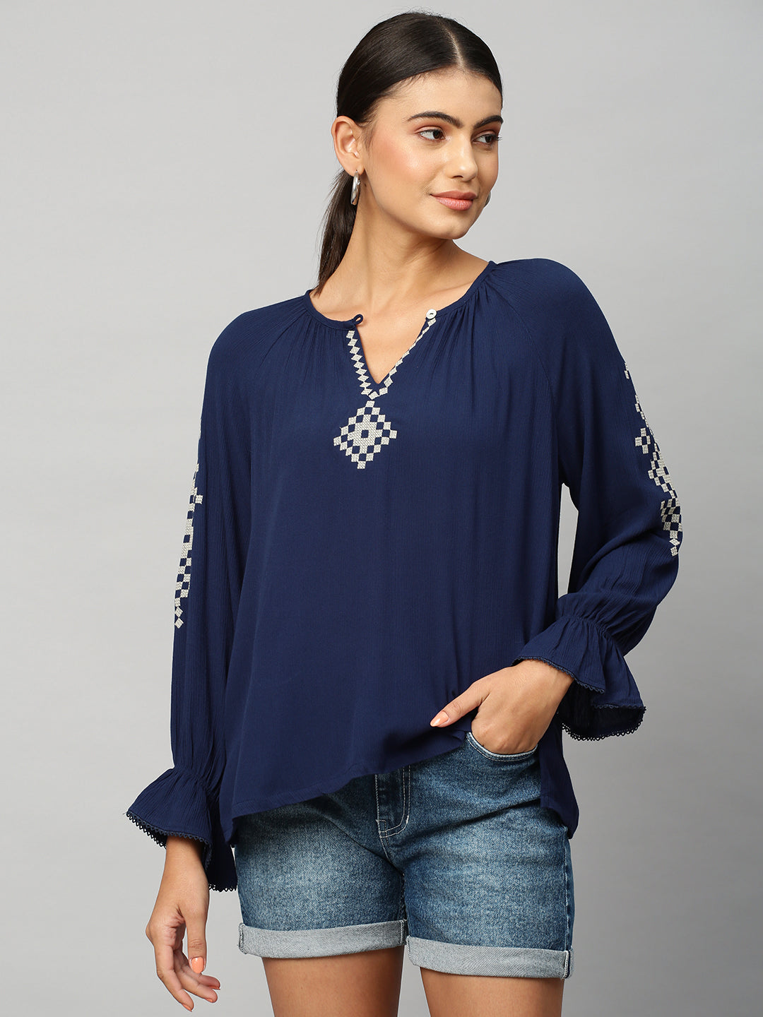 Crinkle Rayon Embroidered Tunic Top