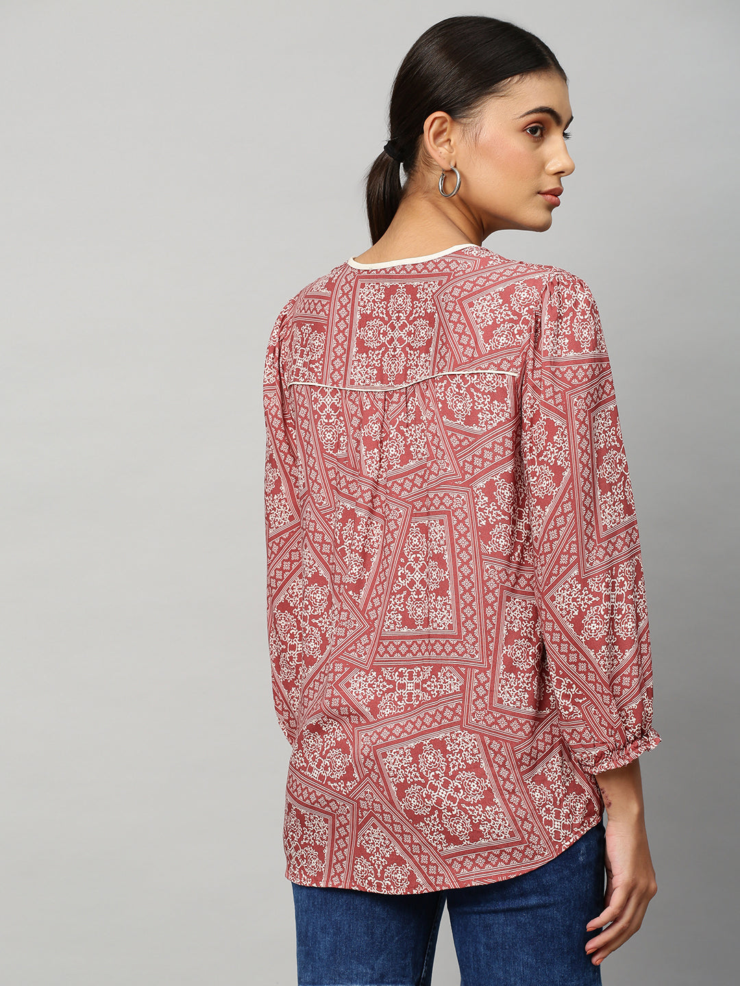 Printed Rayon Ruched Yoke Tunic Top